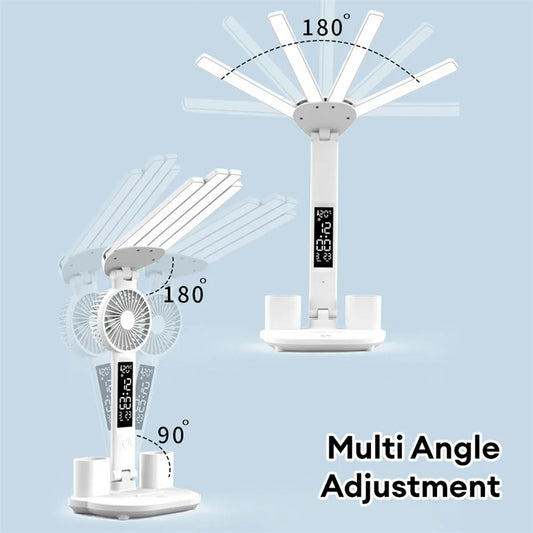 3-in-1 LED Desk Lamp – Folding Reading Light with Fan, Clock & USB Rechargeable