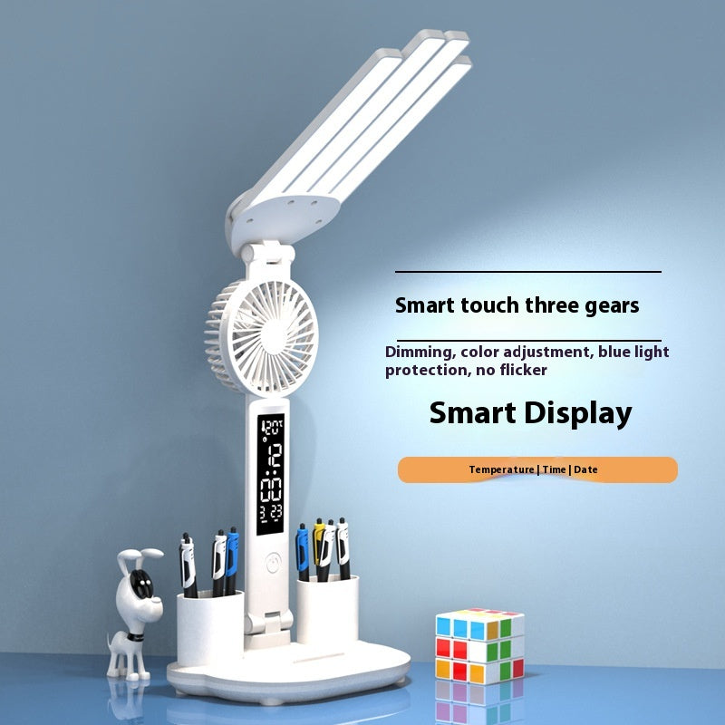 3-in-1 LED Desk Lamp – Folding Reading Light with Fan, Clock & USB Rechargeable