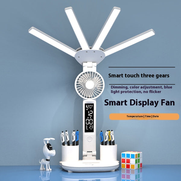 3-in-1 LED Desk Lamp – Folding Reading Light with Fan, Clock & USB Rechargeable