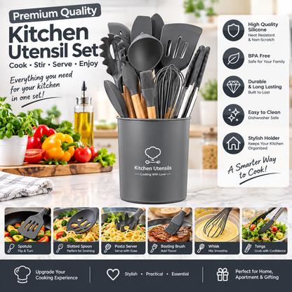 Wooden Handle Silicone Kitchenware 12-Piece Non-Stick Spatula Kitchen Tool Cooking Spatula Spoon Baking Set